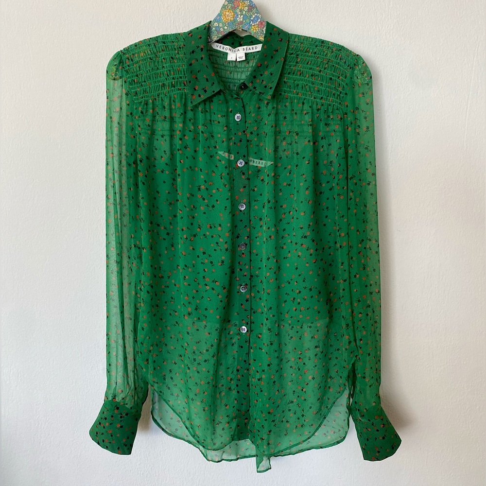 Veronica Beard Button Down Blouse in Green Floral Print - Size 2 EUC